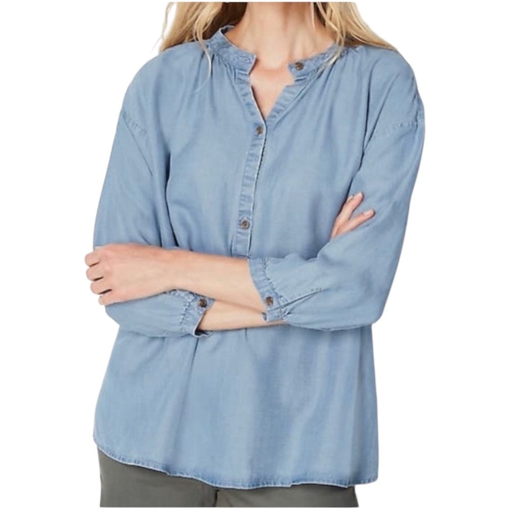 J. Jill Denim Tunic Top Button Front Lyocell Chambray Womens M‎